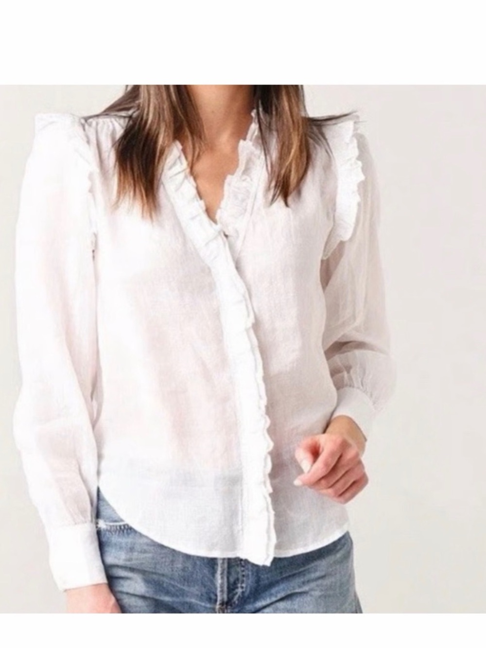 FRAME Lauren White Ruffle-Trim V-Neck Blouse